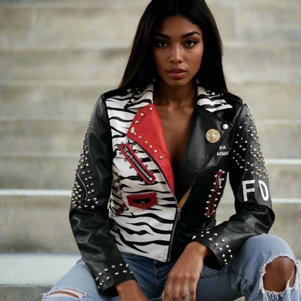 Studded Black and Red Faux Leather Jacket